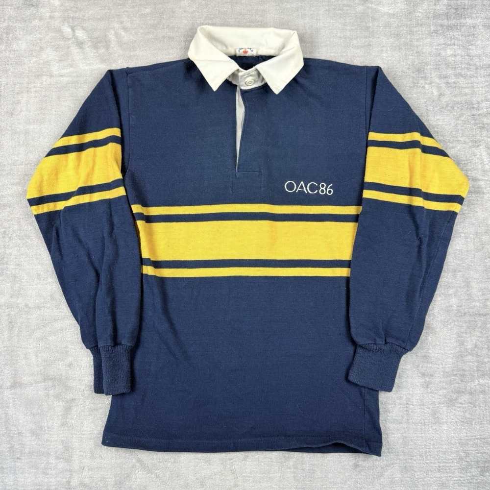 Vintage 80s Rugby Polo Mens Medium Navy Blue Striped Ontario Agriculture School - Picture 1 of 11